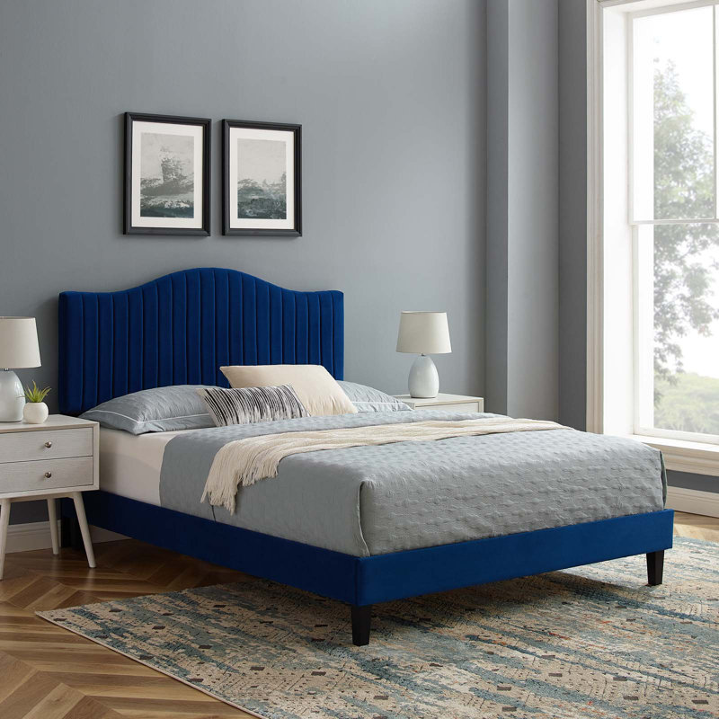 Modway Juniper Channel Tufted Performance Velvet Platform Bed, King, Navy