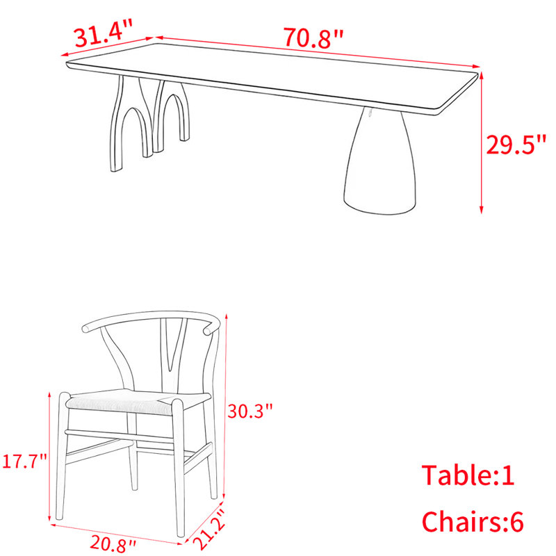 Japanese style solid wood dining table set, 29.5"H x 70.8"L x 31.4"W