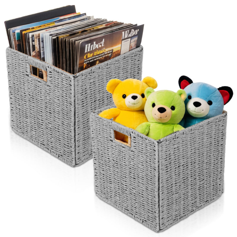 12" Collapsible Wicker Storage Baskets Storage Cubes Baskets Organizer Bins, 2 Pack, Grey