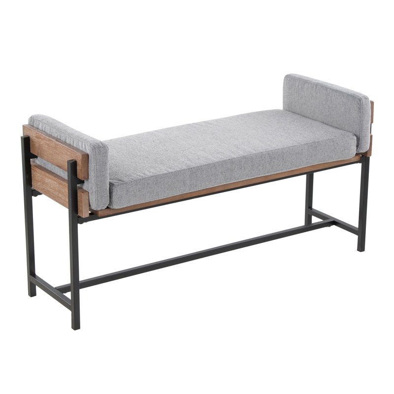 Banc 18 po avec métal noir, bois brun et tissu gris clair