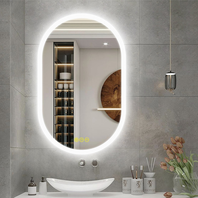 Fraleigh Oval LED Wall-Mounted Frameless Bathroom Vanity Mirror with Anti-Fog,Smart Dimmable and 3 LED Color, 20" x 32"