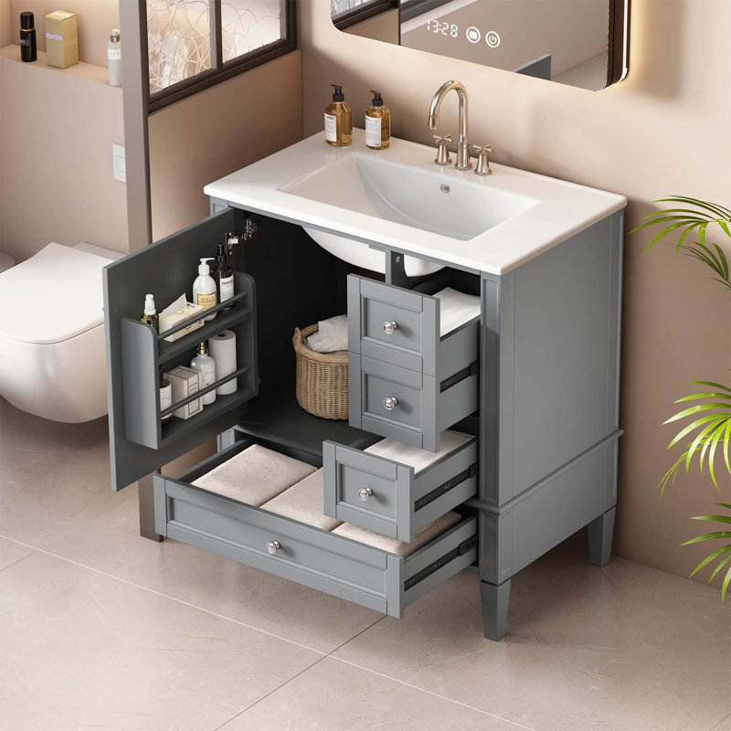 Meuble-lavabo 30 po avec lavabo en céramique et 3 tiroirs, Gris, Argent argent