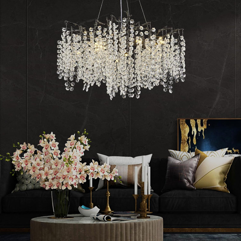 Lustre moderne en cristal K9, Noir mat, 8 lumières, H 17,72 po x l 23,62 po x P 23,62 po 