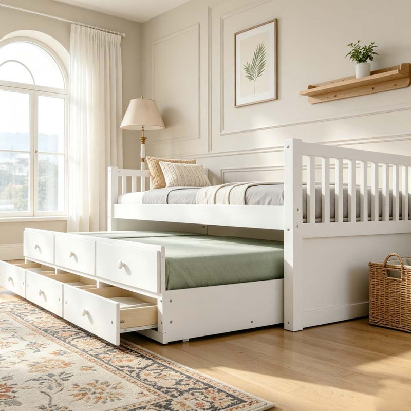 Lit de jour avec couchette et tiroirs, Lit simple, Blanc