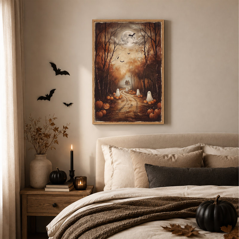 Fantômes blancs et citrouilles dans une forêt brumeuse, tableau sur toile pour l'Halloween, H 36 po x l 24 po