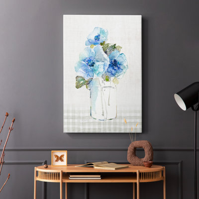 Gingham Blue Flowers I -Gallery Wrapped Cavas
