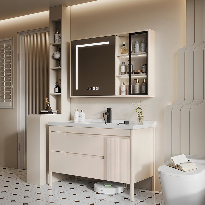Meuble-lavabo autoportant 48,03 po en bois d'hévéa massif avec miroir, 48"