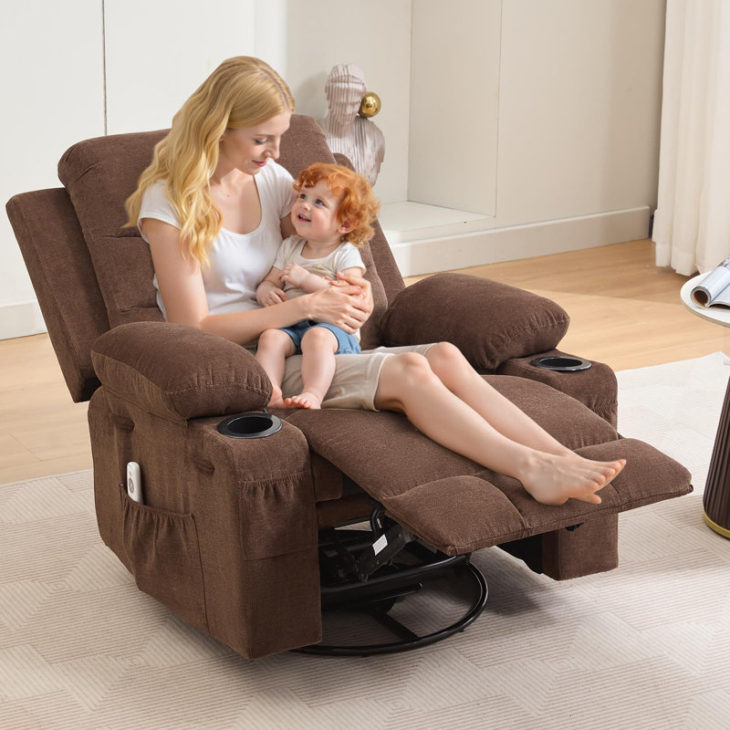 37.6" Wide Oversized Manual Recliner with Massage and Heat, Linen Swivel Rocker Chair with Cup Holder, Brown, Linen
