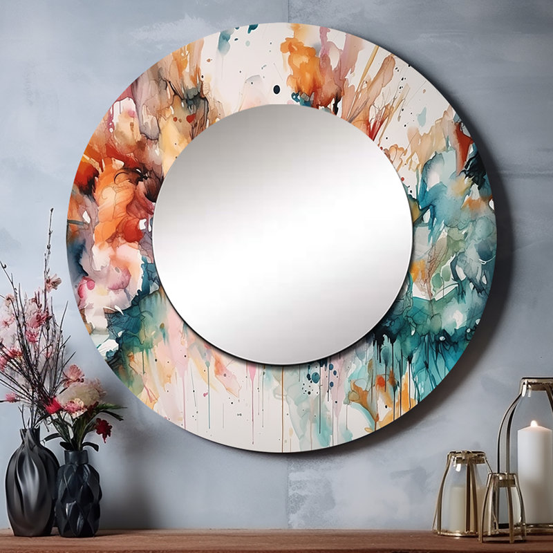Paccione Captivating Boho Dance III - Abstract Unique Mirror, Blue Large Round Wall Mirror, Printed Metal Art, 36" x 36"
