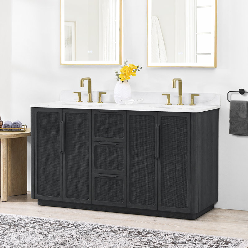 Meuble-lavabo double 60 po avec plateau en pierre de quartz blanc Busan, Chêne noir classique