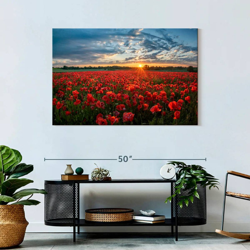 Red Poppy Field Sunrise, 30" H x 45" W