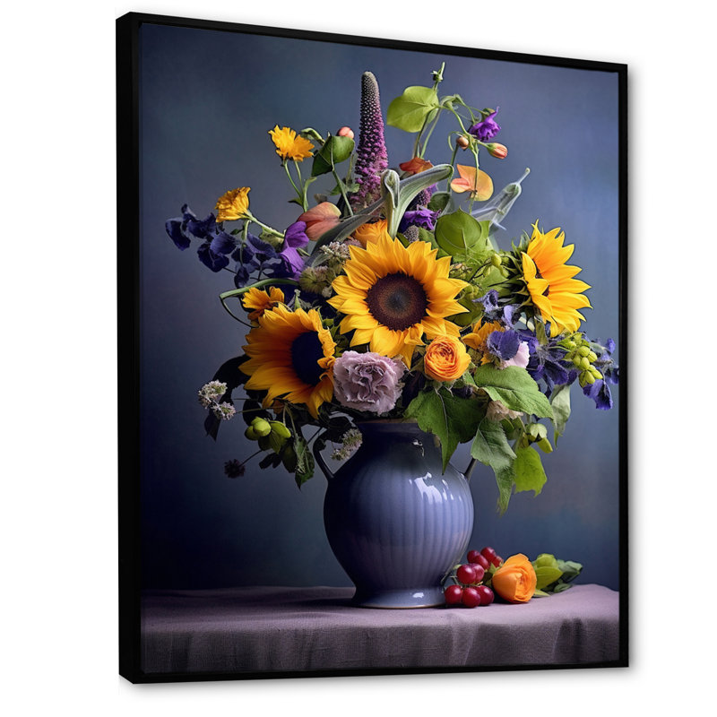 Nature morte avec des tournesols dans un vase I - impression, H 44 po x l 34 po x P 1,5 po, Cadre flottant noir