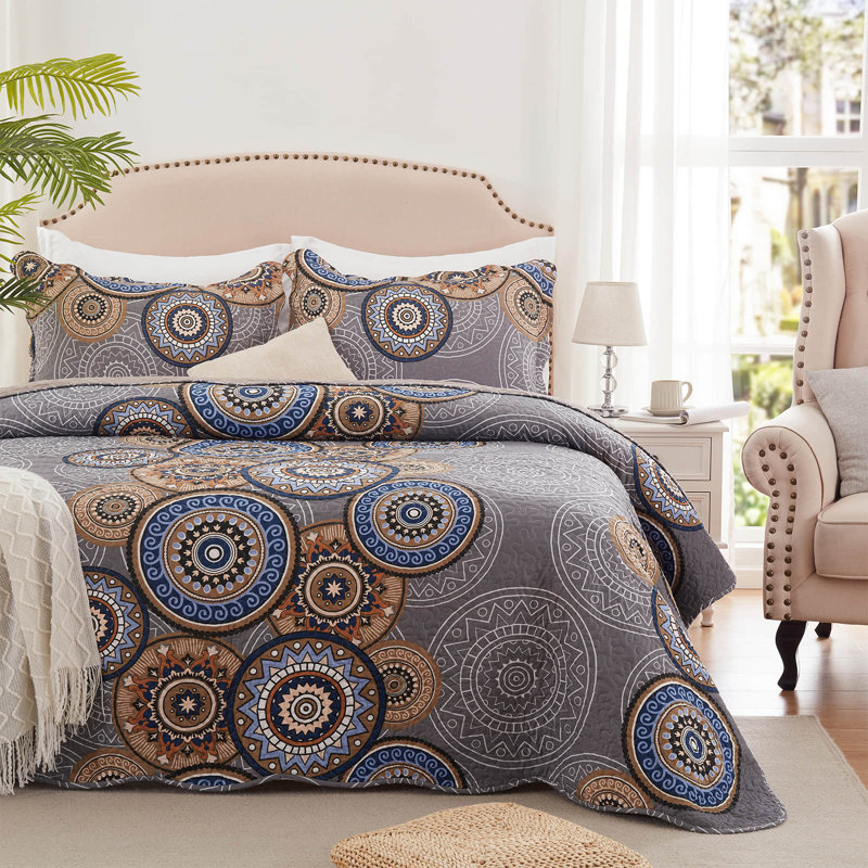 Ensemble de courtepointe 3 pièces - couvre-lit léger en microfibre et 2 taies décoratives, motif Mandala Boho, surdimensionné 98 x 106 pouces, couvre-lit toutes saisons