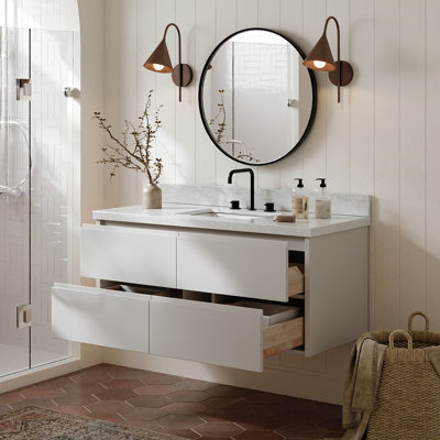   Ensemble de meuble-lavabo mural simple rectangulaire de 49 po avec comptoir en marbre de Carrare blanc de 1,5 po Ensuko