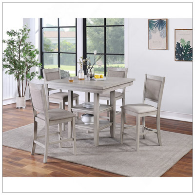 Dining Room Furniture Counter Height 5Pc Set Square Table W Shelves Cushion Chairs Modern Style Rustic Grey