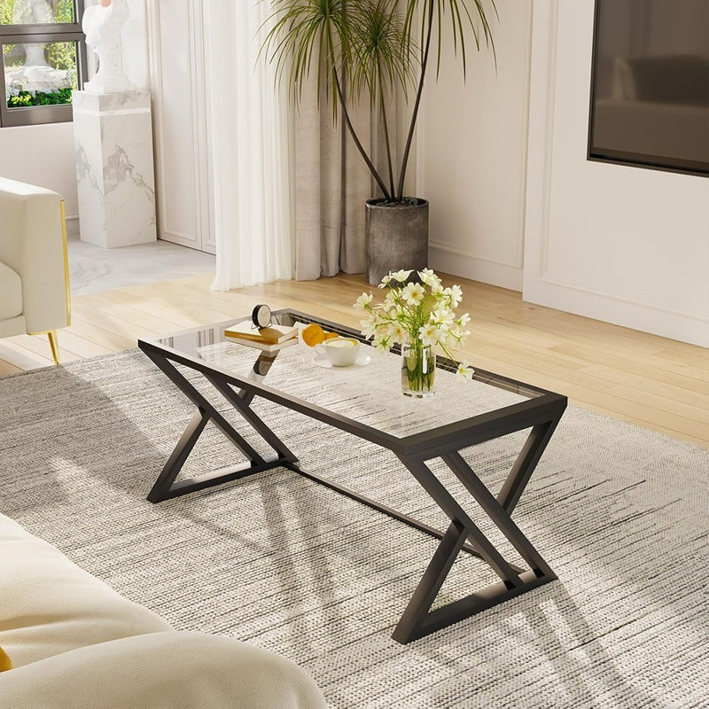 Modern Rectangular Glass Coffee Table For Living Room, Centre Table With Tempered Glass Top And Sturdy Metal Frame, Suitable For Bedroom, Home, Or Office Use