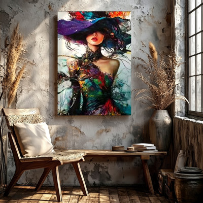 Abstrait mode femme portrait coloré robe grand chapeau, reproduction d'art sur toile, abstrait moderne, décoration de salon pour chambre à coucher, bureau, couloir, galerie, décoration murale