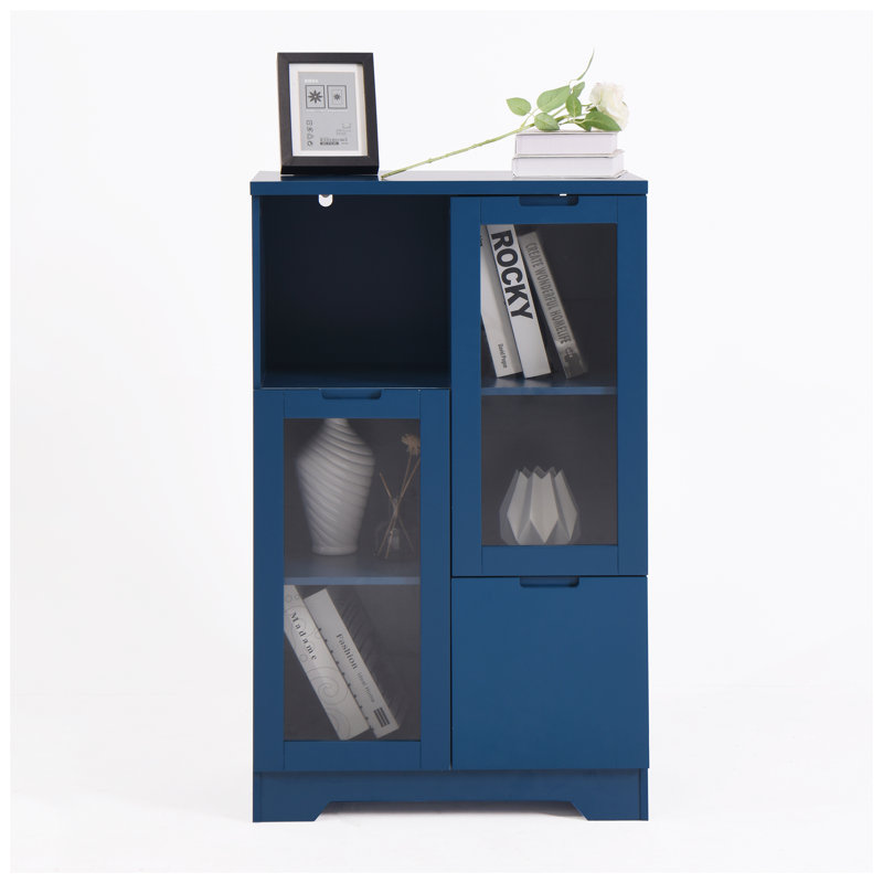 Armoire de rangement en panneau de fibres à densité moyenne bleu marine avec portes en verre - Organisateur de salon moderne avec rangement ouvert et tiroir