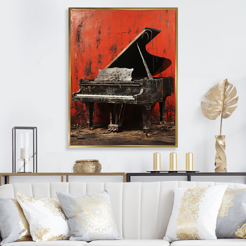 Red Classic Piano Grace - Piano, art mural, Cadre flottant doré, H 44 po x l 34 po x P 1,5 po