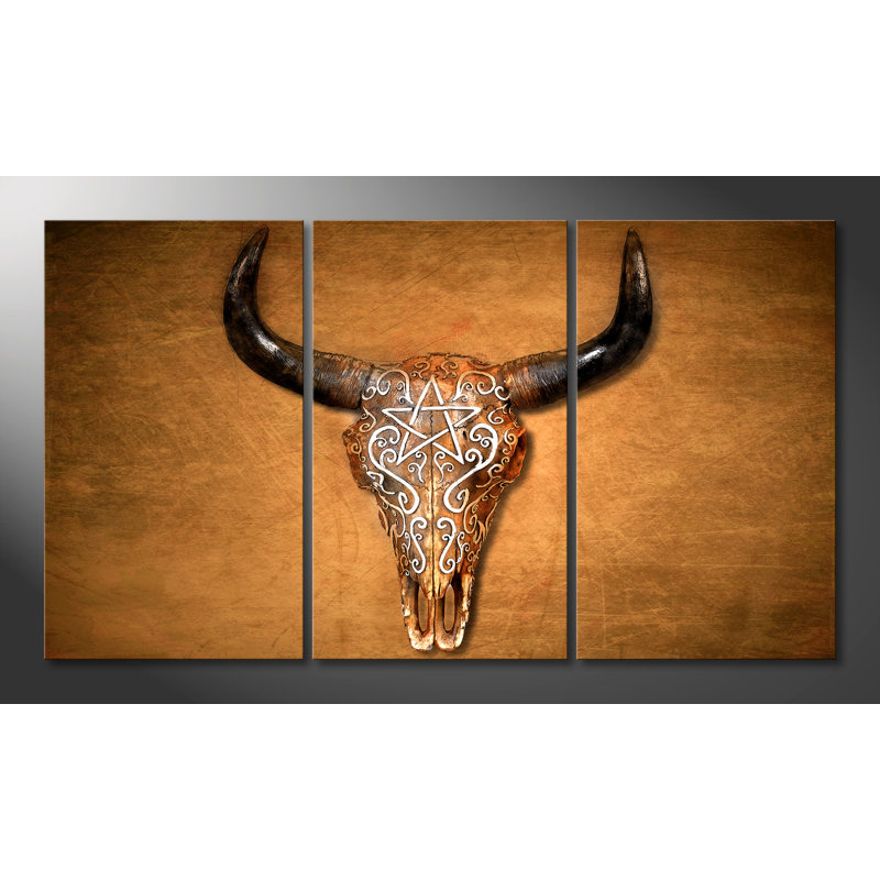 Bison Skull - Stretched On Wooden Frame Print on Canvas, 3 Piece Canvas Set, 100 cm H x 180 cm W