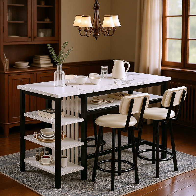 Euphemie 2 - Person Counter Height Bar Table Set with 2 Upholstered Stool Chairs, White/Black