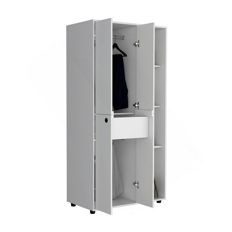Armoire-penderie Misuri avec porte double, tiroir, tringle et tablettes ouvertes, Blanc