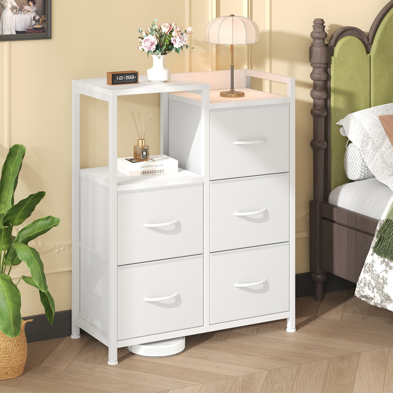 5-Drawer Fabric Dresser with 2-Tier Shelf, Black Storage Unit for Bedroom, Closet, Hallway, Whtie