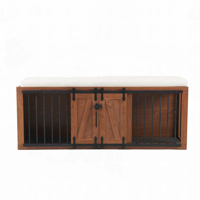 Caisse pour chien de style meuble avec siège rembourré, porte de grange coulissante, chenil de luxe en bois pour chien