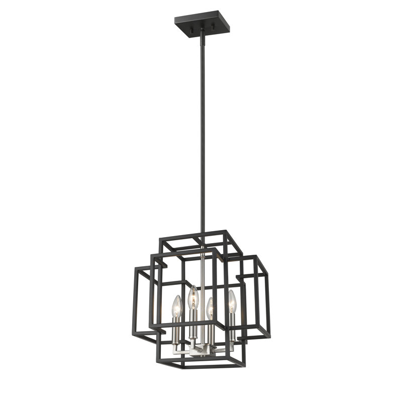 Lustre carré / rectangulaire à 4 lumières Orona, H 14 po x l 14 po x p 14 po, Noir / Nickel brossé