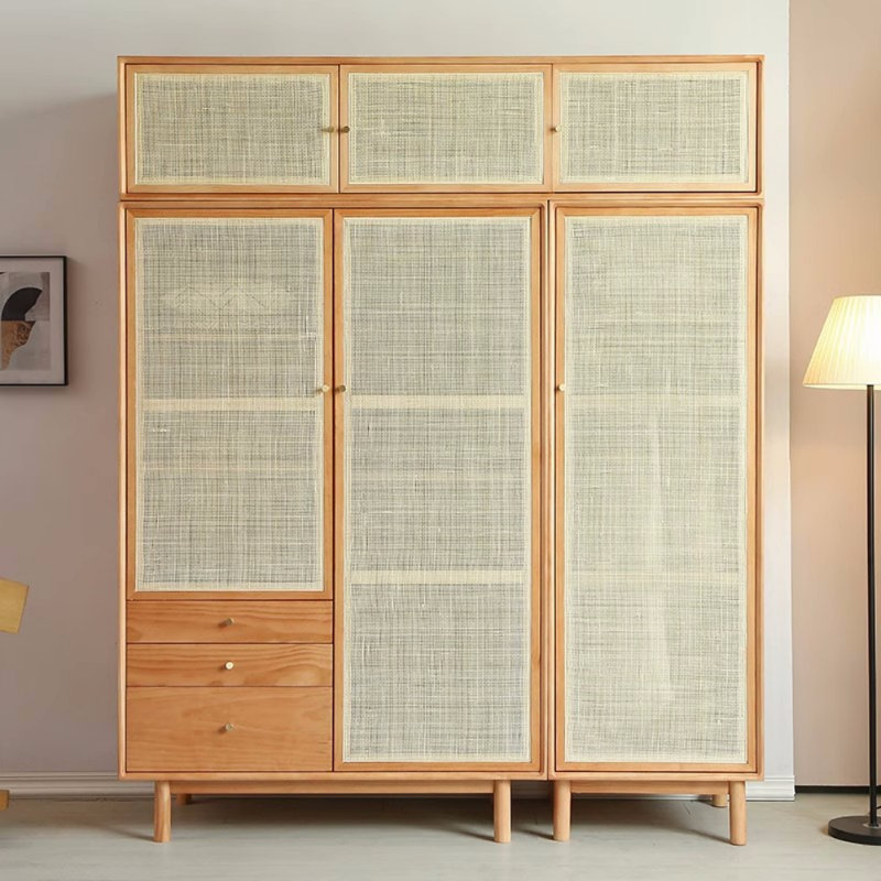 Simple Solid Wood and Rattan Woven Wardrobe