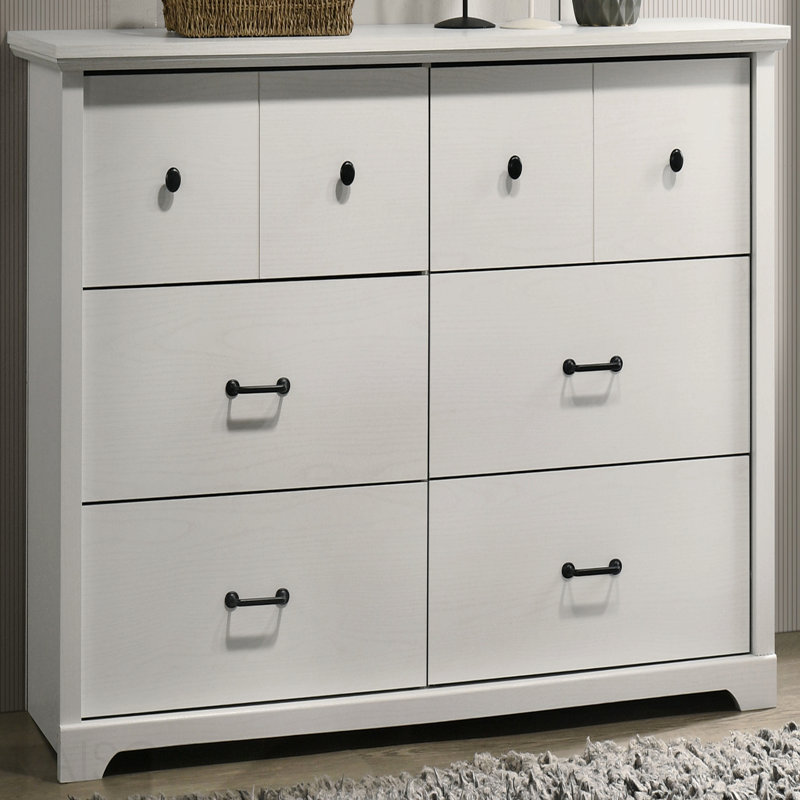 57"W White 6-Drawer Dresser With Black Handles, White