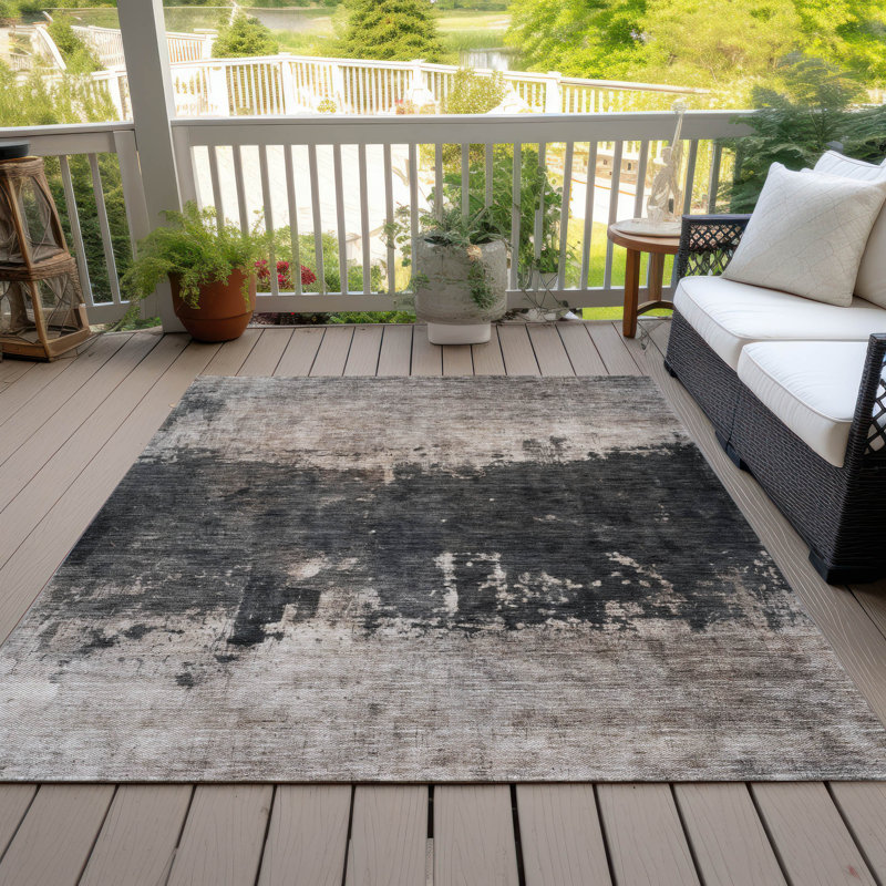 Taupe and Black Abstract Washable Indoor/Outdoor Rug