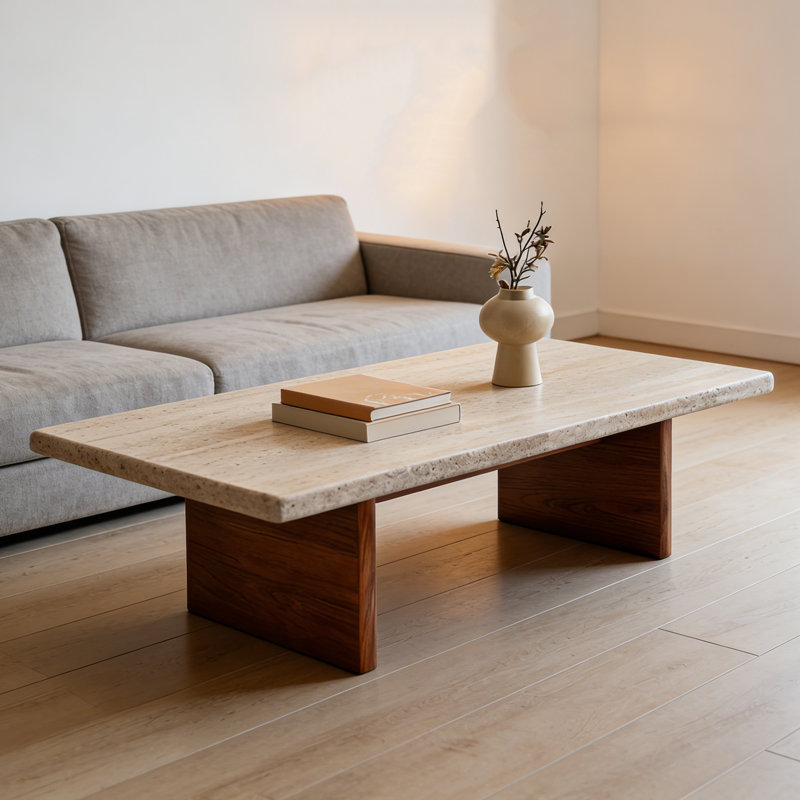 Stone Top Coffee Table with Solid Wood Legs, 13.78" H x 55.12" L x 19.68" W