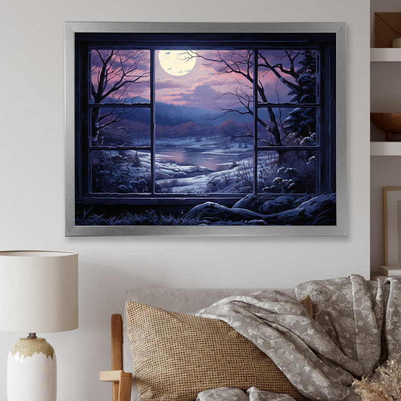 «Purple River Winter Windows III - Winter Landscape», art mural, Cadre de coin argenté fermé, H 12 po x l 20 po x P 1 po