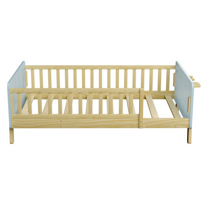 Lit plateforme en bois pour enfant, taille simple, avec tête et pied de lit, bleu