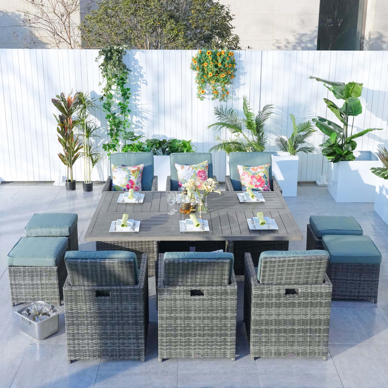 Jarhia 10 - Person Wicker Patio Dining Set with Rectangular Table , Cushions Included, Gray, Celadon