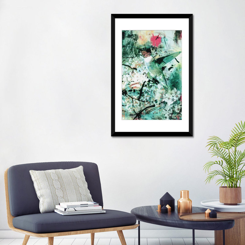 « hummingbird », impression sur toile, Papier avec cadre noir, H 24 po x l 16 po x P 1 po, Blanc