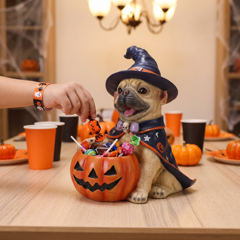 Statue de chien d'Halloween Alfani avec rangement citrouille, bol à bonbons en résine représentant un chien sorcière, décoration de table, 5 styles