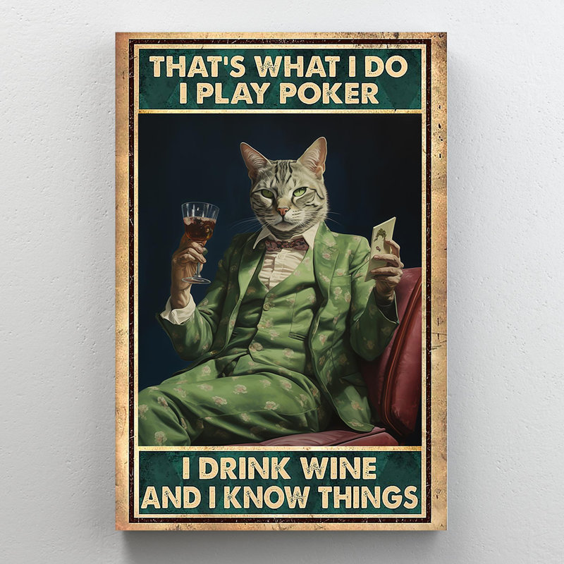 «Kippen Cat I Play Poker I Drink Wine», reproduction d'art rectangulaire sur toile tendue sur toile tendue