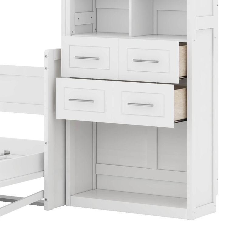 Grand lit escamotable mural avec placard, tiroirs et tablettes, Blanc