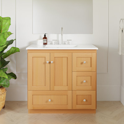 Shaker 37 in. W x 22 in. D x 35 in. H Vanity with Right Drawers in Natural Alder with Ceramic Vanity Top in White