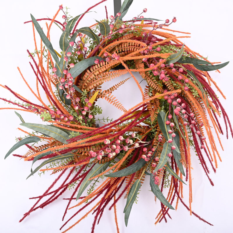 24" Faux Grass Berry Fall Wreath for Front Door, Orange