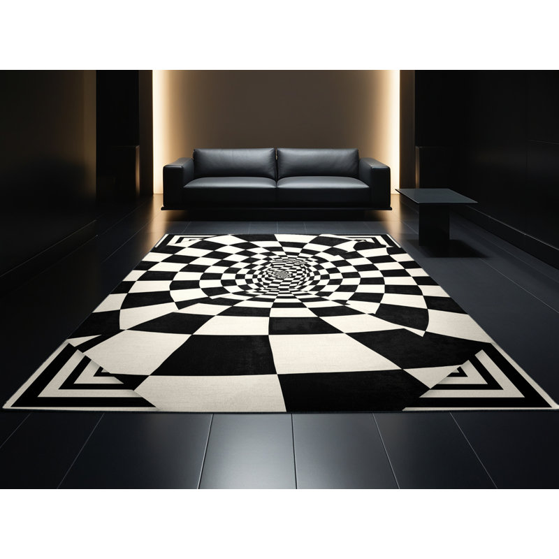 Machine Washable Pahola Art Deco Checkered Rug in Blue – Black Binding, 5' Square