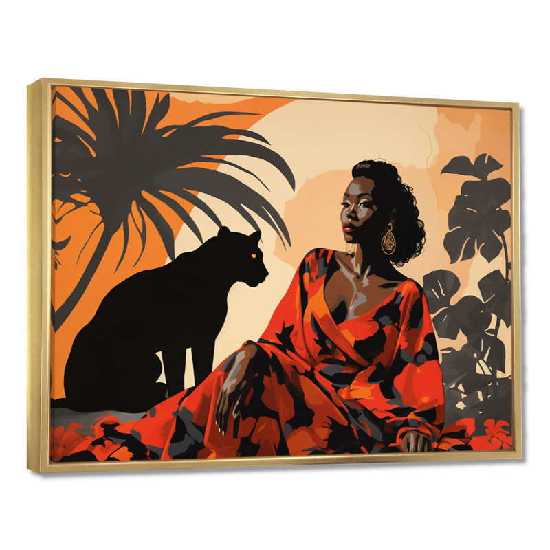 Panthère noire avec femme aimable compagnon - art mural animal de panthère, Toile avec cadre flottant or