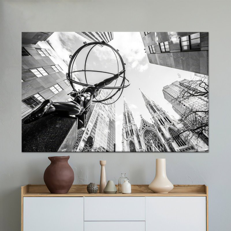 Printed Canvas: NYC Black and White Urban Art Decor,1P WhiteFramedCanvas, H: 47.3 x W:67 inches
