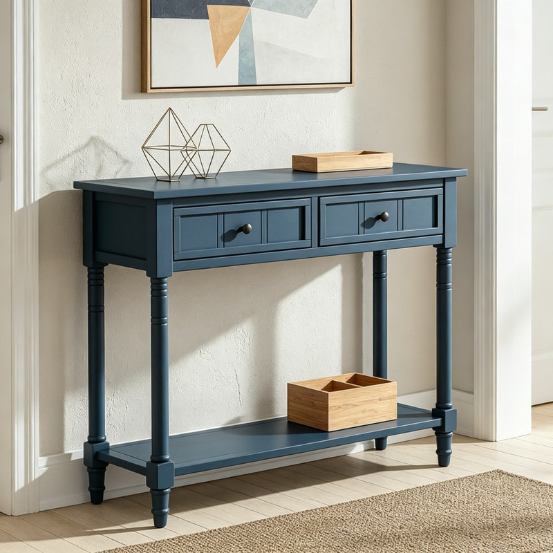 Longue console d'entrée étroite avec tiroirs de rangement et tablette inférieure, marine foncé, panneau de fibres à densité moyenne et bois de pin massif, style campagne