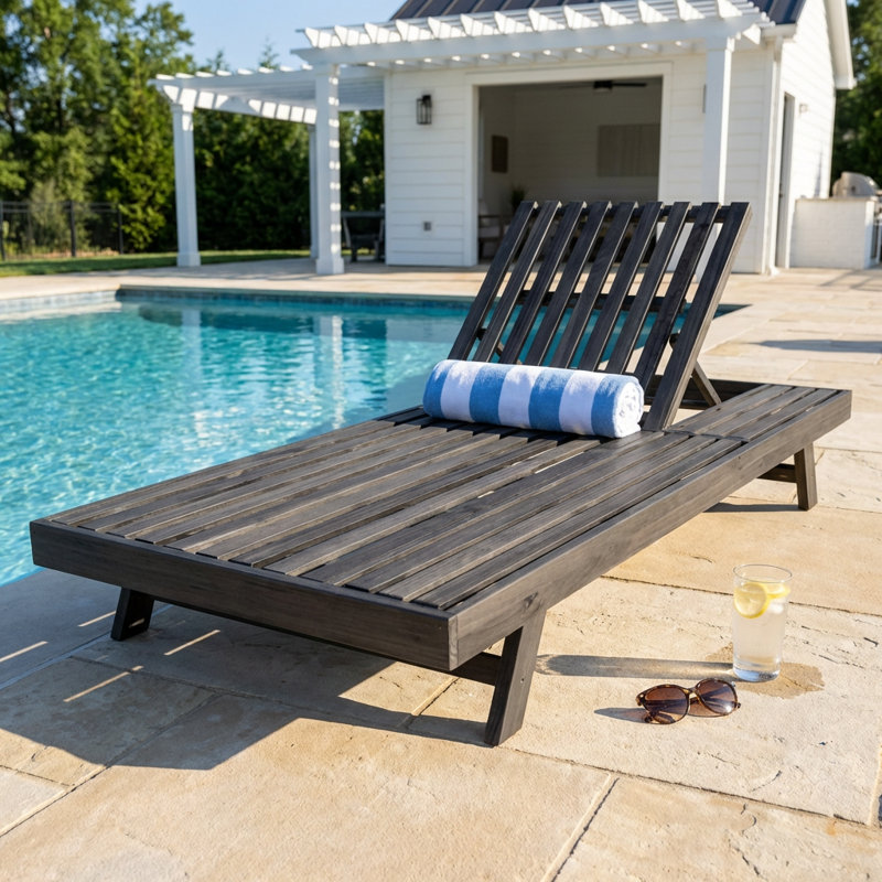 Chaise longue pliable en bois d'acacia massif avec dossier réglable et surface de rangement plane, Noir