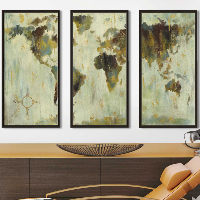 «Bronze World Map», reproduction de 3 pièces sur toile flottante, H 33,5 po x l 52,5 po x P 2 po