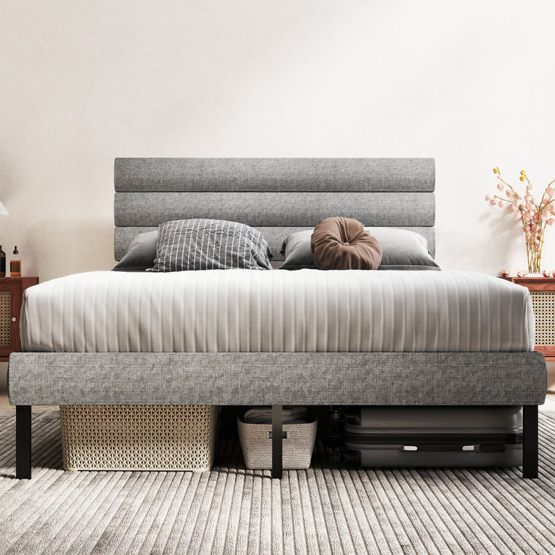 Metal Platform Bed Frame With Linen Upholstered Headboard, Full / Double