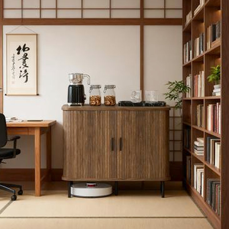 Buffet de style nordique avec portes coulissantes en noyer et à lattes Tambour, rangement dans le salon de la cuisine, support stable, pieds de bar en acier d'une hauteur de 29,5 po et pieds de 35,4 po de longueur